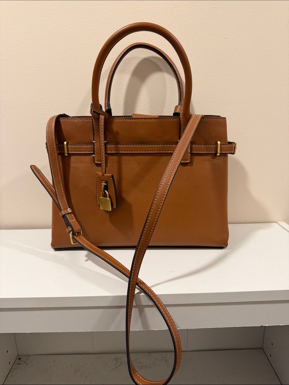 Mango Cognac Leather Satchel with Gold Hardware